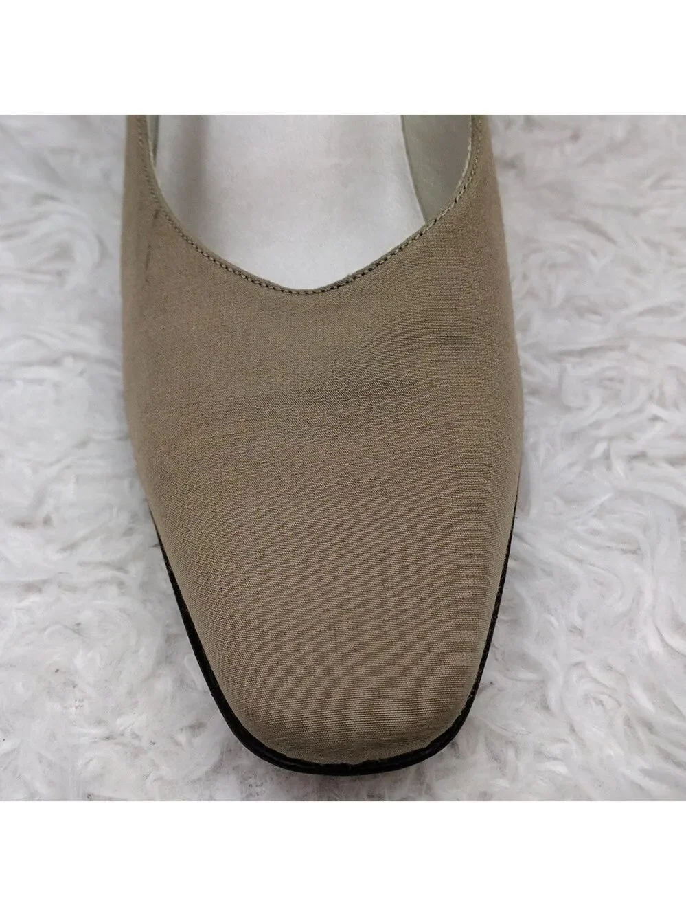 Van Eli Barbette Beige Tan Fabric Square Toe Mid Square Heel Slip On Pump Shoe
